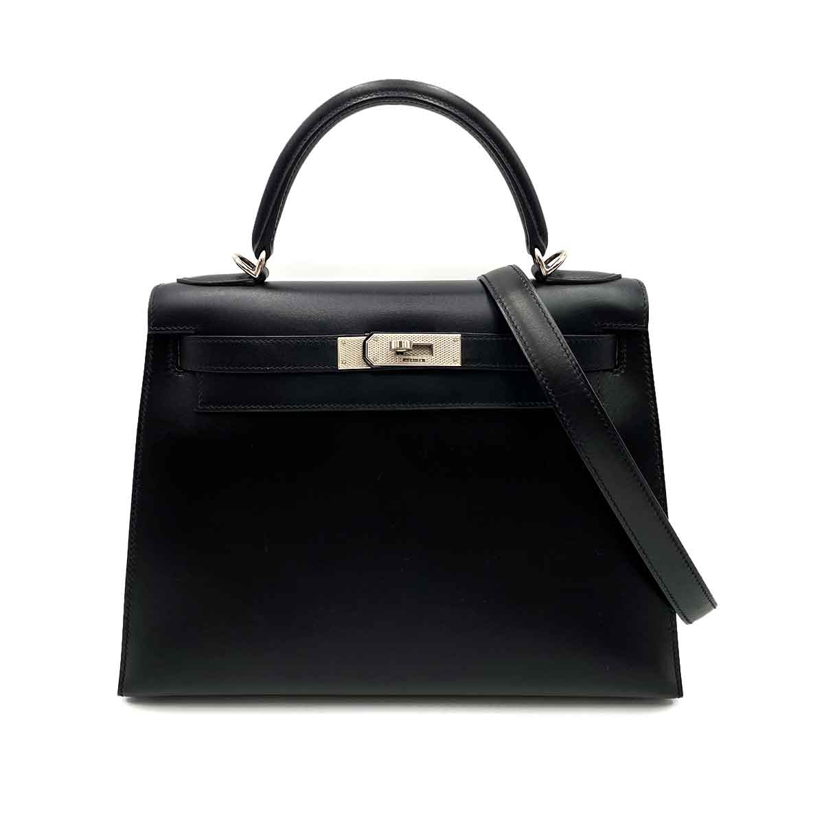 HERMES KELLY 28 SELLIER GUILLOCHE BLACK BOXCALF HAND SHOULDER BAG ▢G 90231896