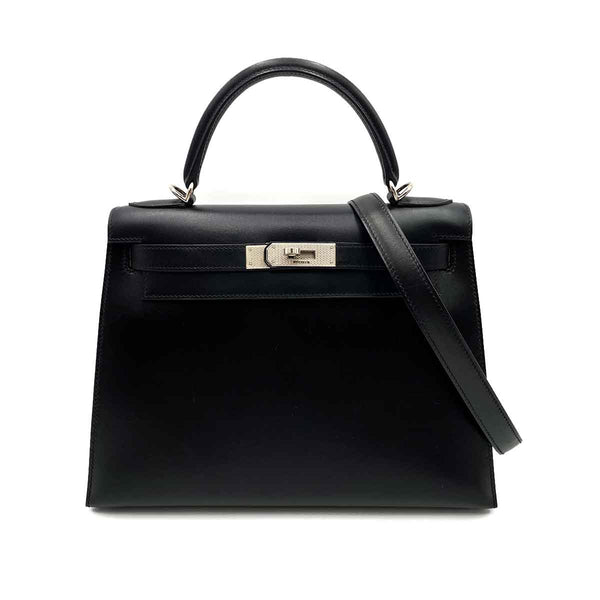 HERMES KELLY 28 SELLIER GUILLOCHE BLACK BOXCALF HAND SHOULDER BAG ▢G 90231896 - PURPOSE