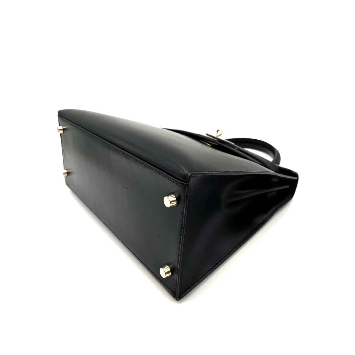 HERMES KELLY 28 SELLIER GUILLOCHE BLACK BOXCALF HAND SHOULDER BAG ▢G 90231896