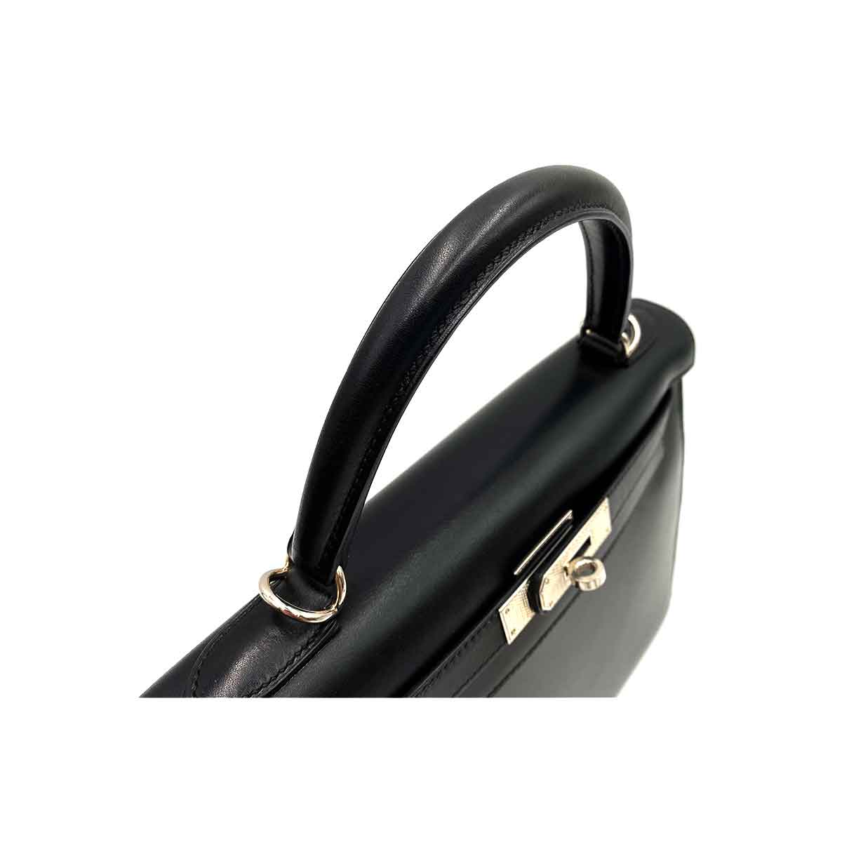 HERMES KELLY 28 SELLIER GUILLOCHE BLACK BOXCALF HAND SHOULDER BAG ▢G 90231896