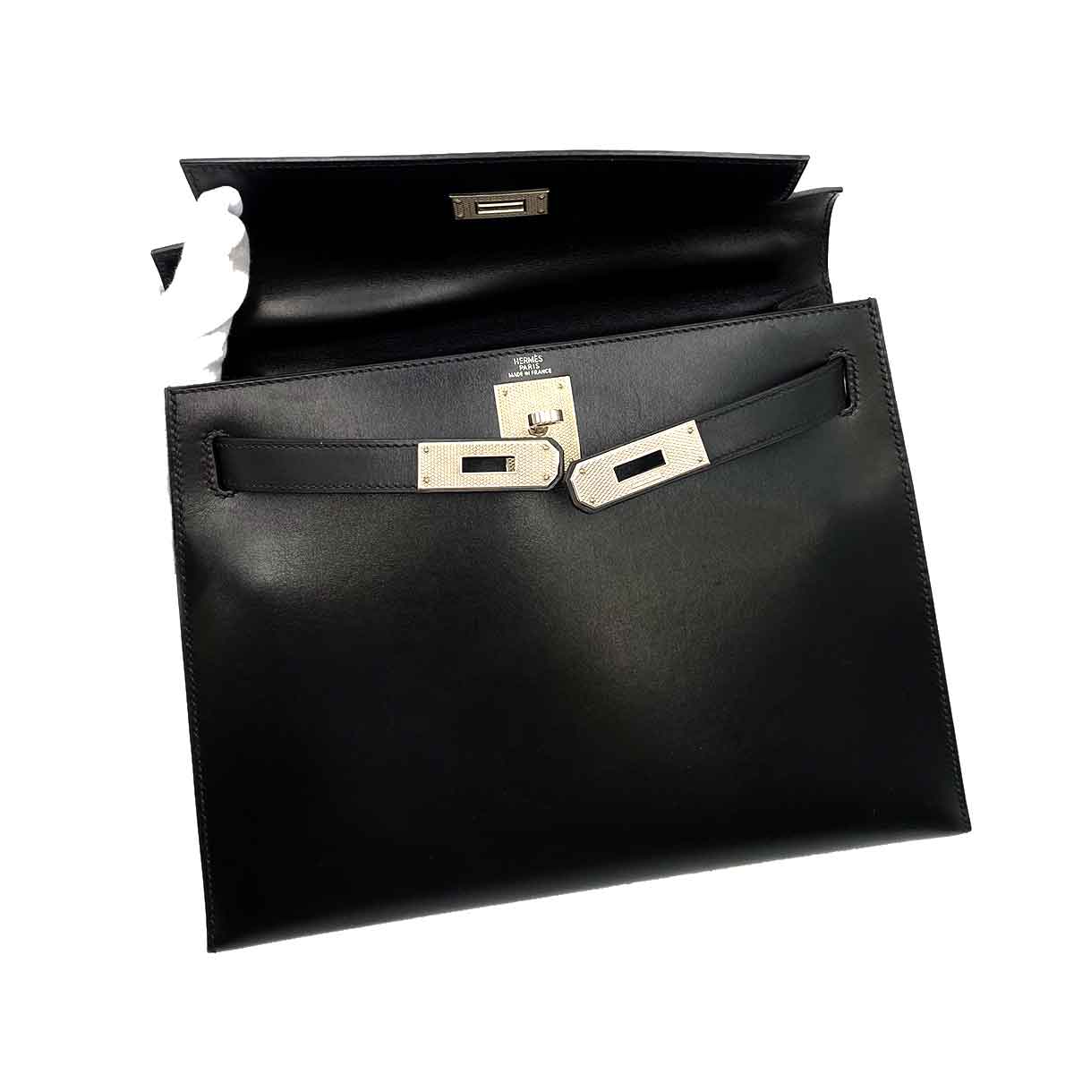 HERMES KELLY 28 SELLIER GUILLOCHE BLACK BOXCALF HAND SHOULDER BAG ▢G 90231896