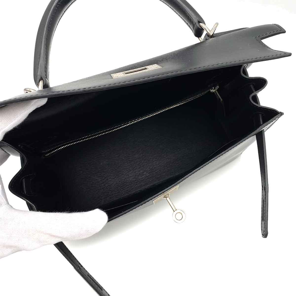 HERMES KELLY 28 SELLIER GUILLOCHE BLACK BOXCALF HAND SHOULDER BAG ▢G 90231896
