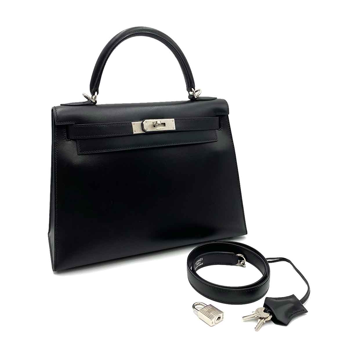 HERMES KELLY 28 SELLIER GUILLOCHE BLACK BOXCALF HAND SHOULDER BAG ▢G 90231896