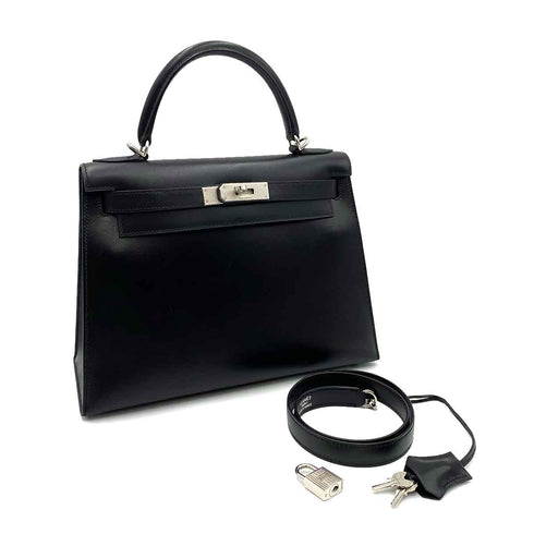 HERMES KELLY 28 SELLIER GUILLOCHE BLACK BOXCALF HAND SHOULDER BAG ▢G 90231896 - PURPOSE