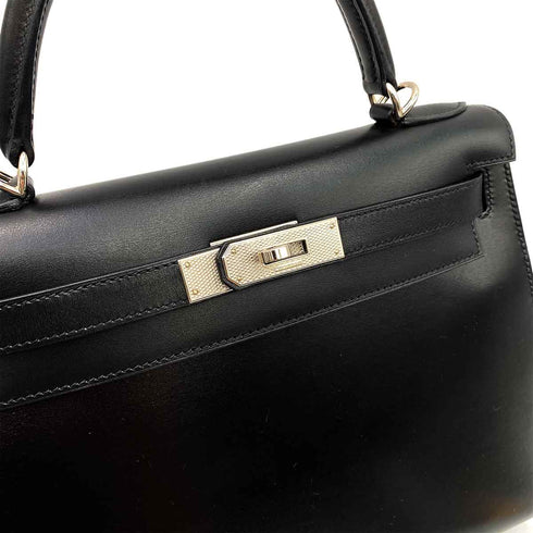 HERMES KELLY 28 SELLIER GUILLOCHE BLACK BOXCALF HAND SHOULDER BAG ▢G 90231896 - PURPOSE