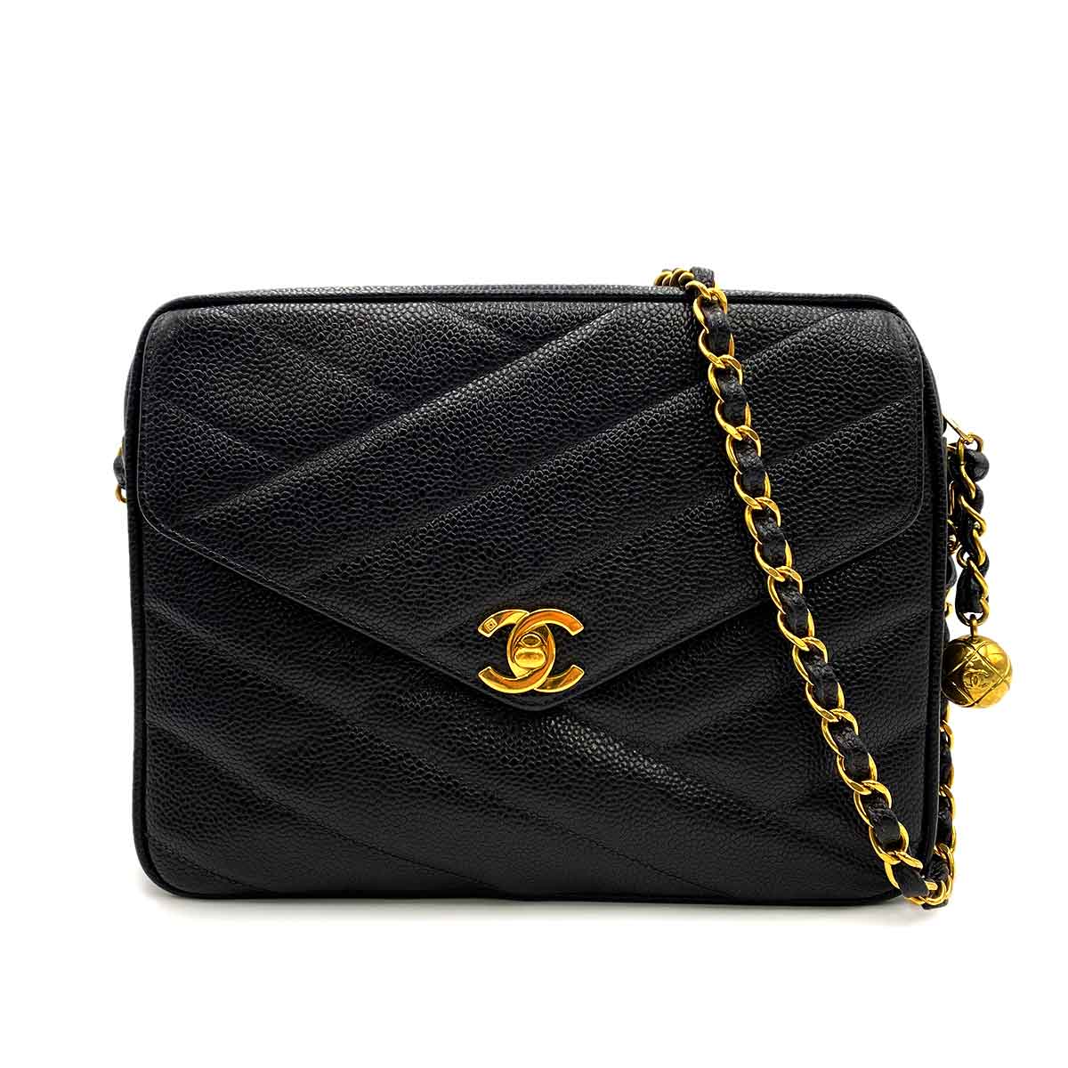 CHANEL VINTAGE MINI CHEVRON CHAIN SHOULDER BAG BLACK CAVIAR SKIN 90231930
