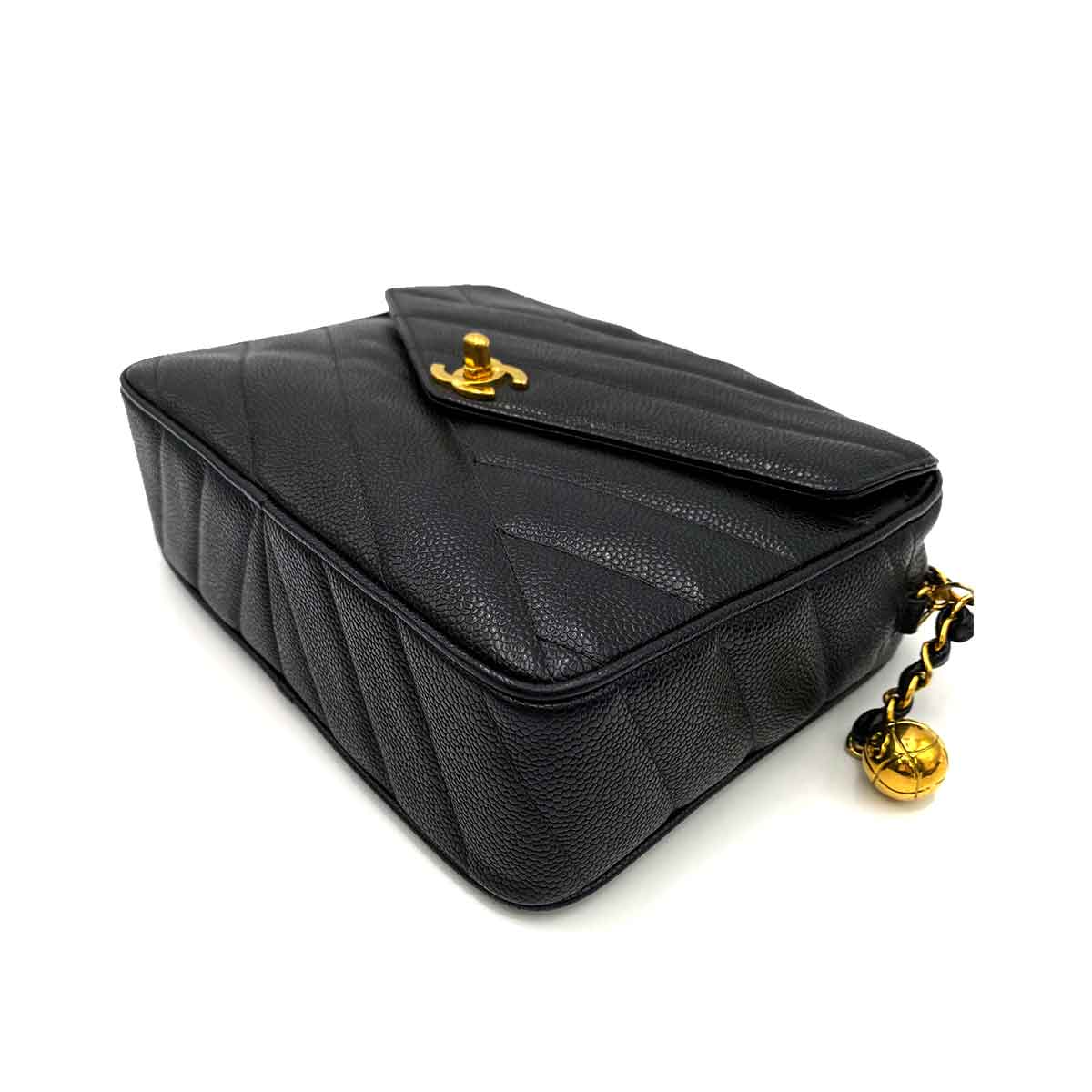 CHANEL VINTAGE MINI CHEVRON CHAIN SHOULDER BAG BLACK CAVIAR SKIN 90231930