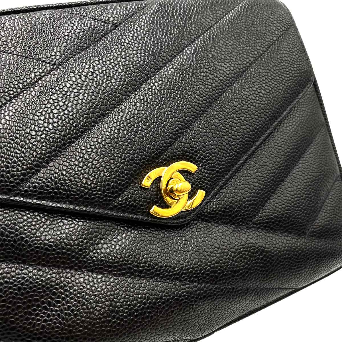 CHANEL VINTAGE MINI CHEVRON CHAIN SHOULDER BAG BLACK CAVIAR SKIN 90231930