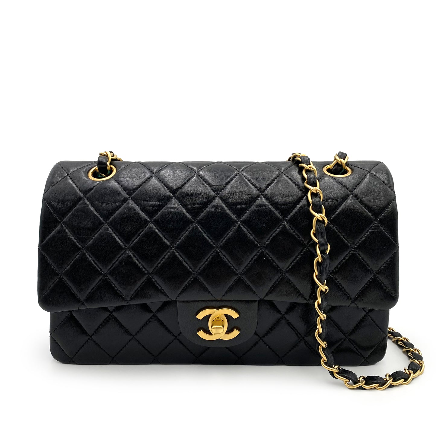 CHANEL VINTAGE CLASSIC FLAP MEDIUM CHAIN SHOULDER BAG BLACK BLUE LAMB SKIN 90232178