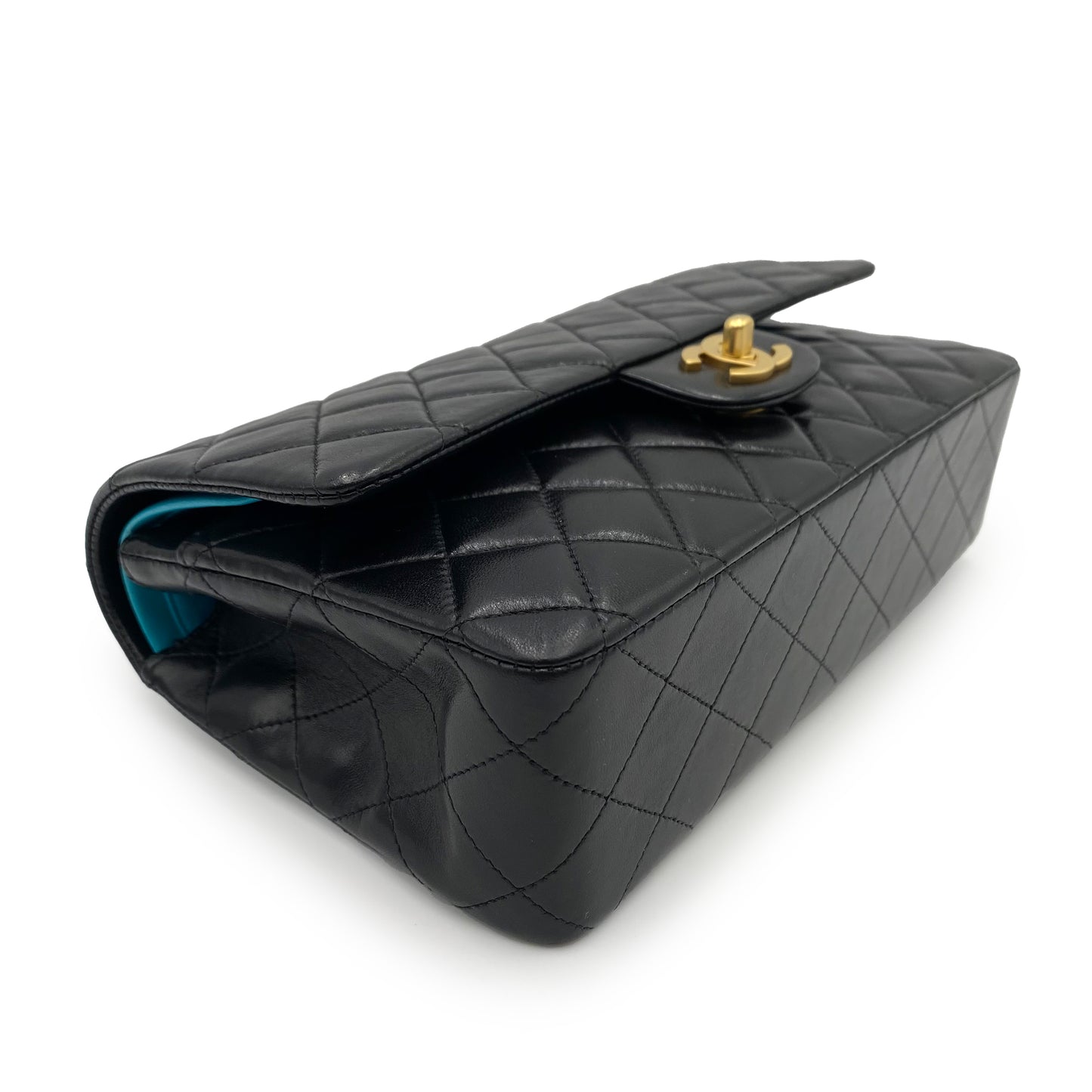 CHANEL VINTAGE CLASSIC FLAP MEDIUM CHAIN SHOULDER BAG BLACK BLUE LAMB SKIN 90232178