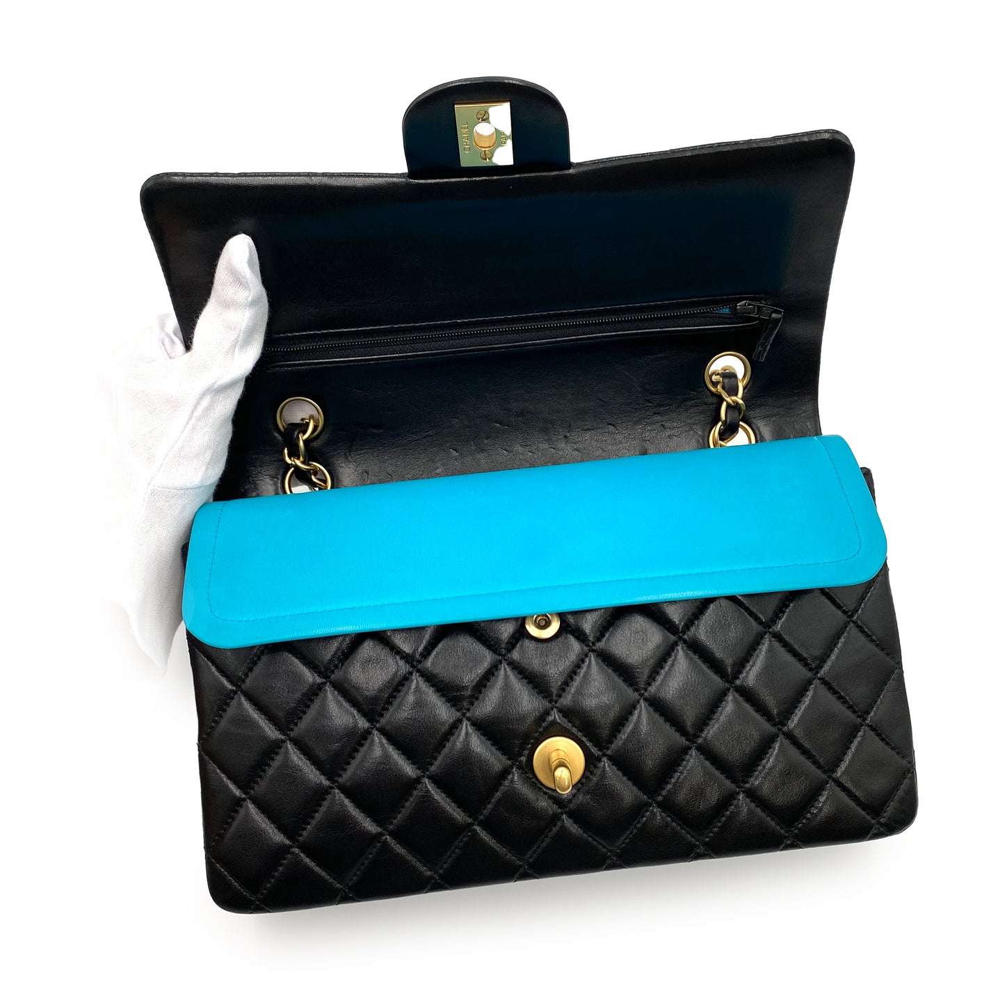 CHANEL VINTAGE CLASSIC FLAP MEDIUM CHAIN SHOULDER BAG BLACK BLUE LAMB SKIN 90232178