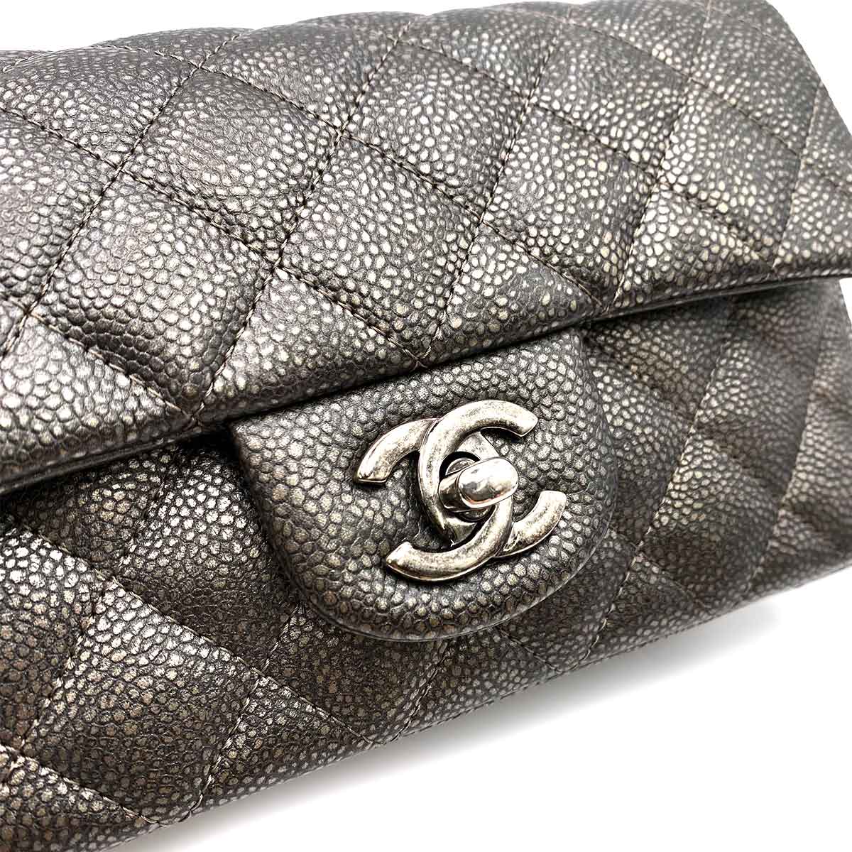 CHANEL MINI MATELASSE 20 CHAIN SHOULDER METALLIC GRAY CAVIAR SKIN 90232566