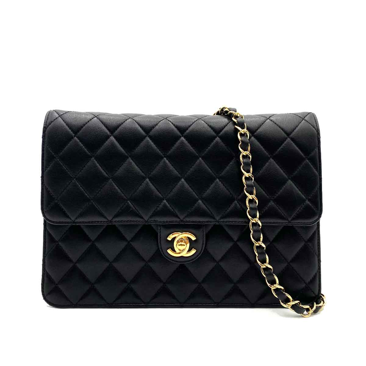 CHANEL VINTAGE SINGLE FLAP TURN LOCK CHAIN SHOULDER BAG BLACK LAMB SKIN 90233665