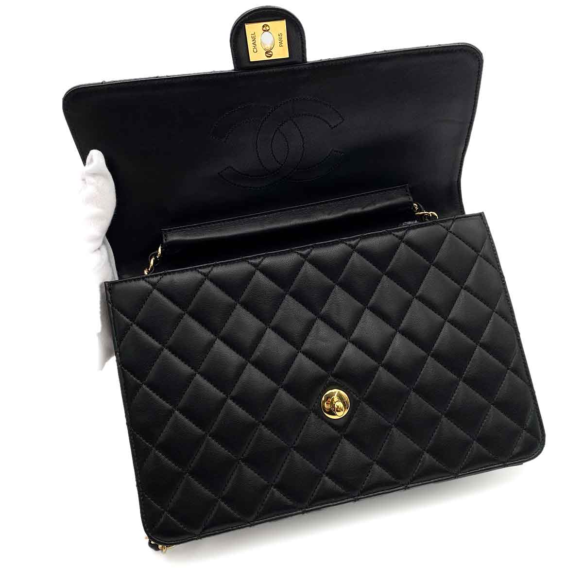 CHANEL VINTAGE SINGLE FLAP TURN LOCK CHAIN SHOULDER BAG BLACK LAMB SKIN 90233665