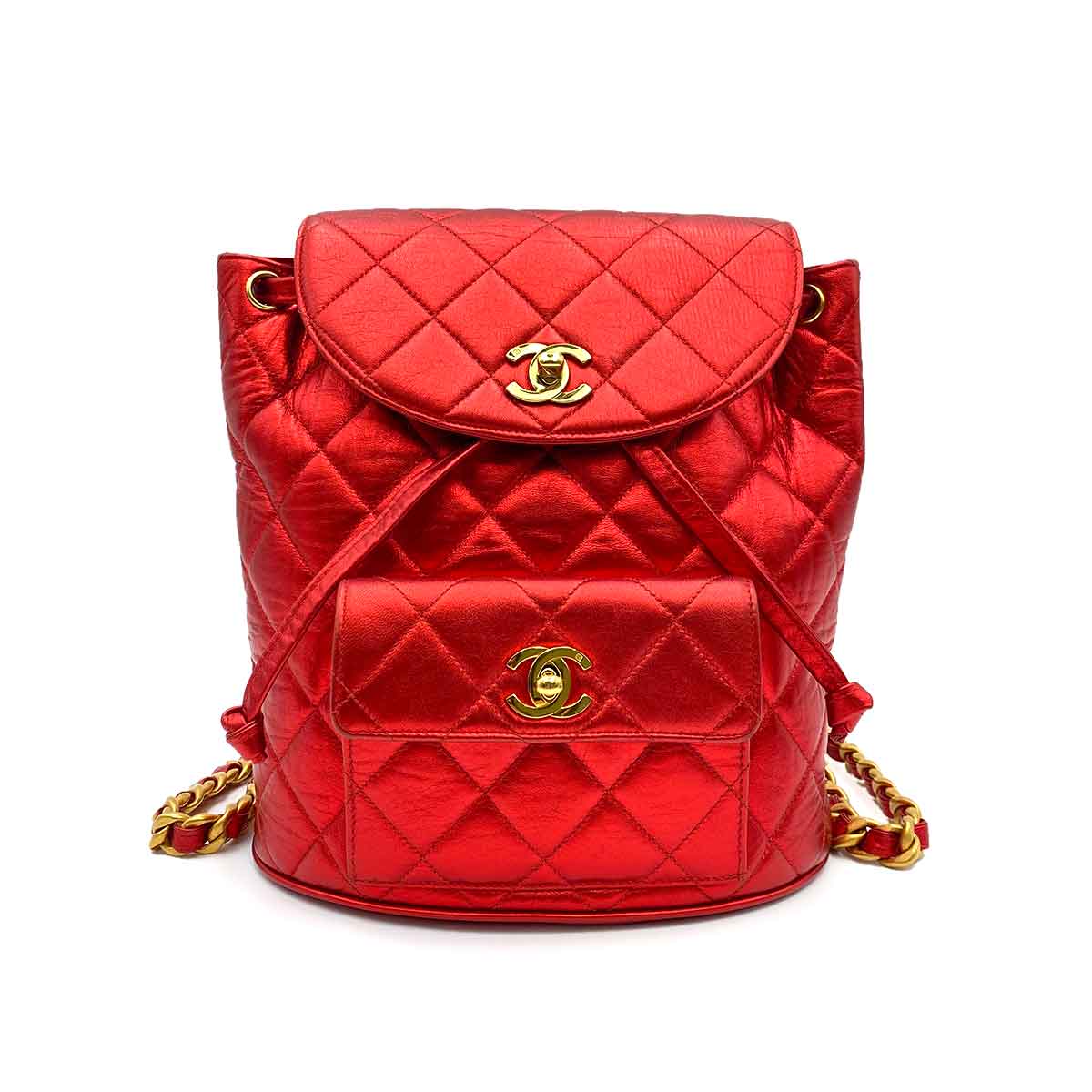 CHANEL VINTAGE DUMA CHAIN BACKPACK METALLIC RED LAMB SKIN 90233683