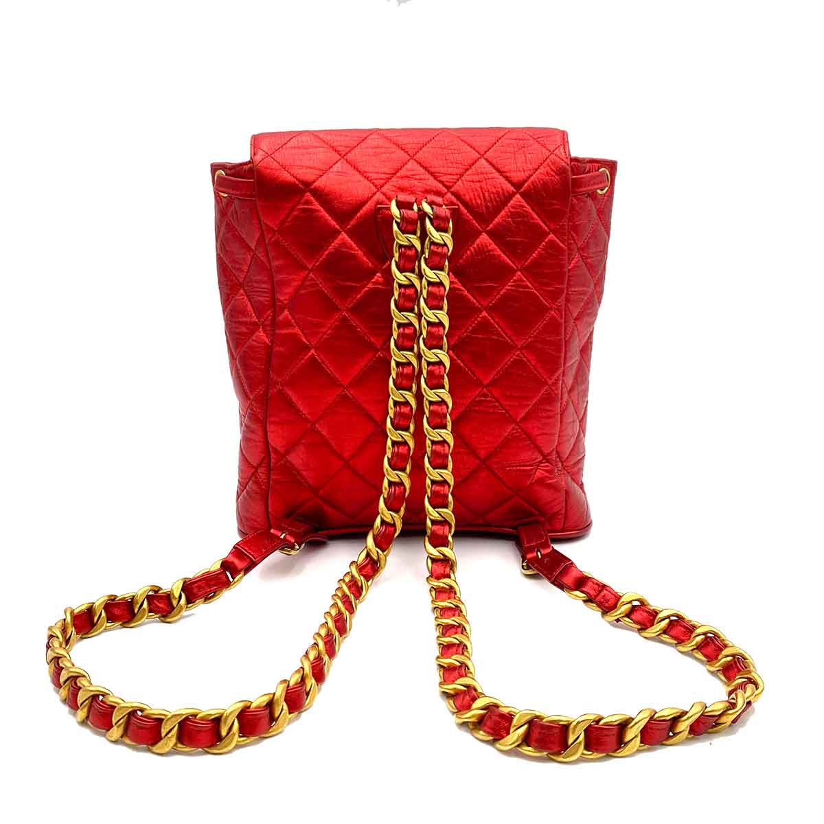 CHANEL VINTAGE DUMA CHAIN BACKPACK METALLIC RED LAMB SKIN 90233683