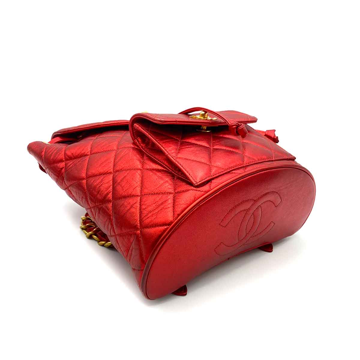 CHANEL VINTAGE DUMA CHAIN BACKPACK METALLIC RED LAMB SKIN 90233683
