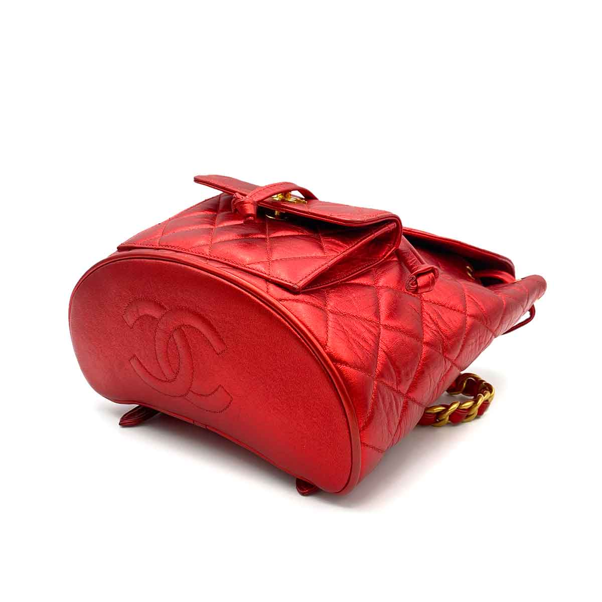 CHANEL VINTAGE DUMA CHAIN BACKPACK METALLIC RED LAMB SKIN 90233683