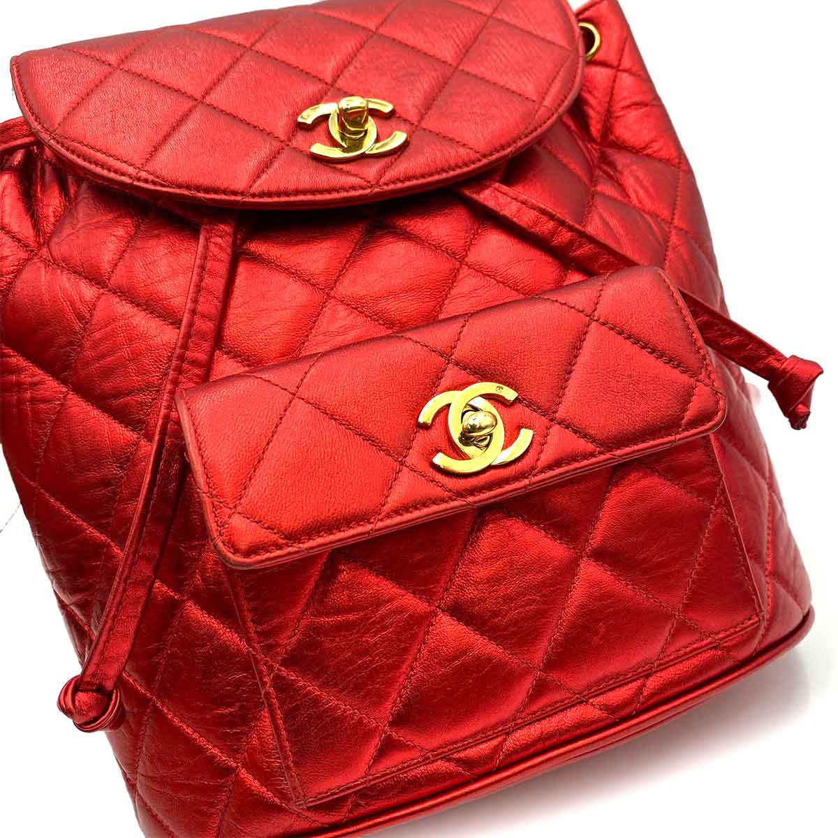 CHANEL VINTAGE DUMA CHAIN BACKPACK METALLIC RED LAMB SKIN 90233683