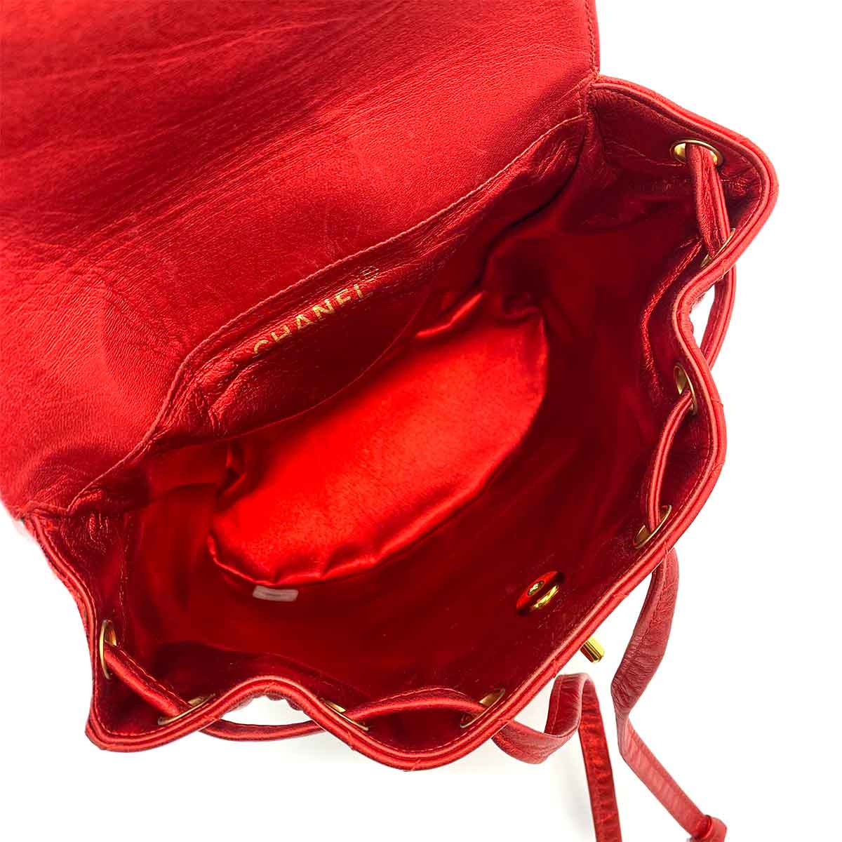 CHANEL VINTAGE DUMA CHAIN BACKPACK METALLIC RED LAMB SKIN 90233683
