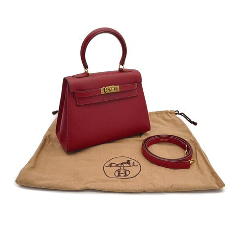 HERMES MINI KELLY 20 ROUGE COUCHVEL HAND SHOULDER BAG 〇Y GOLD HARDWARE 90233732