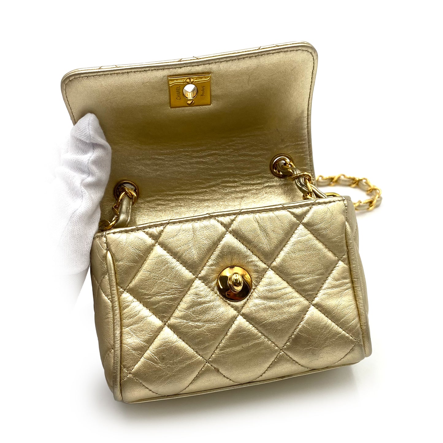 CHANEL VINTAGE MINI MATELASSE CHAIN SHOULDER BAG GOLD LAMB SKIN 90234531