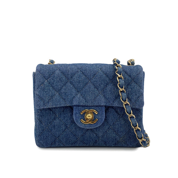 VINTAGE CHANEL MINI SQUARE 17 CHAIN SHOULDER BAG BLUE DENIM GOLD HARDWAR 90234630 - PURPOSE
