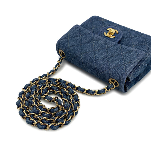 VINTAGE CHANEL MINI SQUARE 17 CHAIN SHOULDER BAG BLUE DENIM GOLD HARDWAR 90234630 - PURPOSE