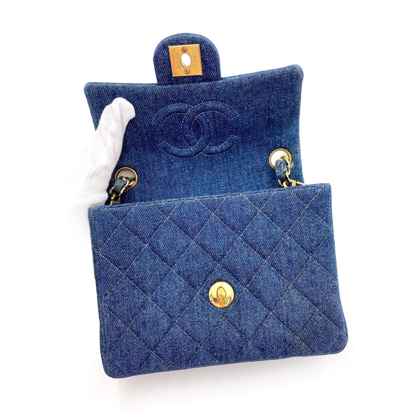 CHANEL VINTAGE MINI SQUARE 17 CHAIN SHOULDER BAG BLUE DENIM 90234630