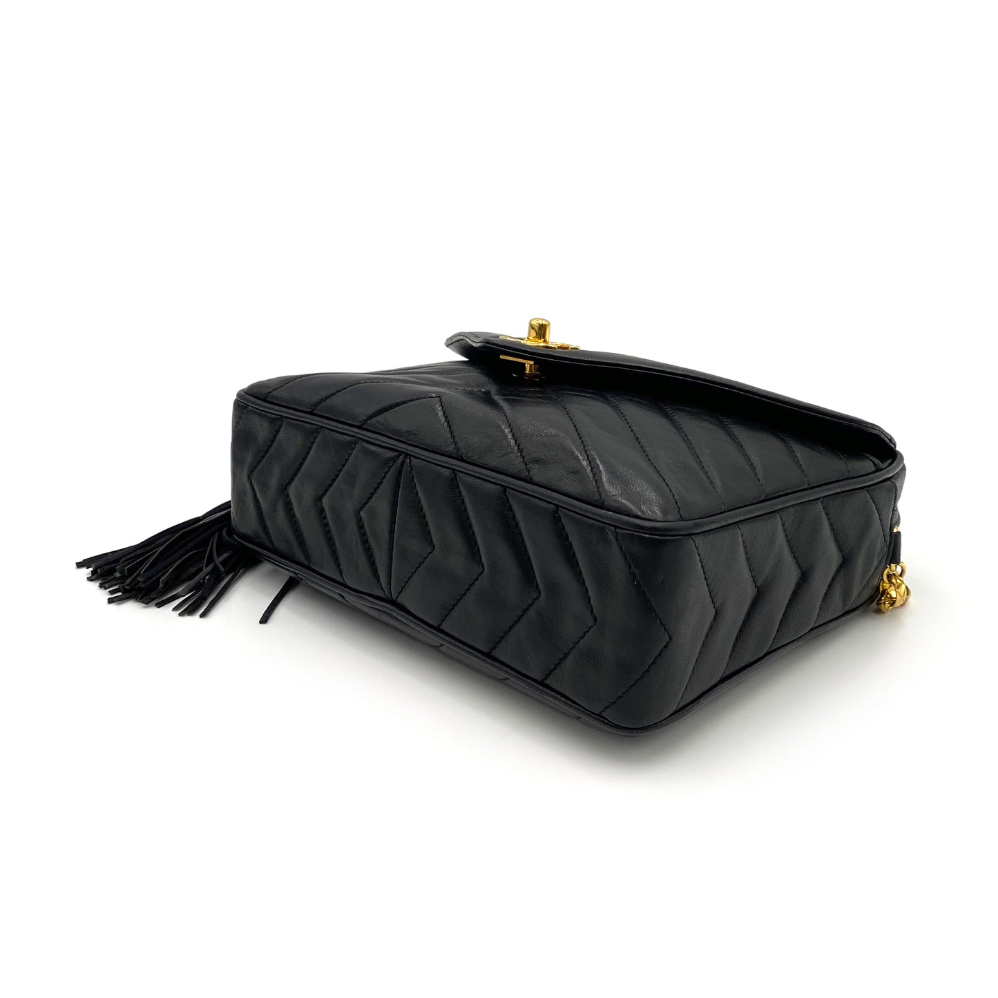 CHANEL VINTAGE CHEVRON FRINGE BIJOU CHAIN SHOULDER BAG BLACK LAMB SKIN 90234737