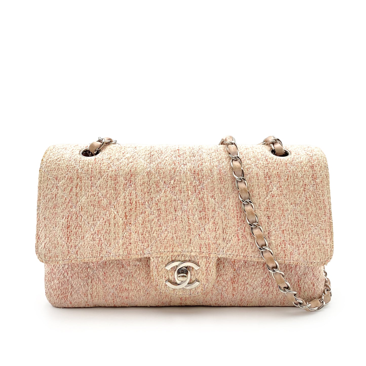 CHANEL VINTAGE CLASSIC FLAP MEDIUM CHAIN SHOULDER BAG PINK TWEED SHW 90235456