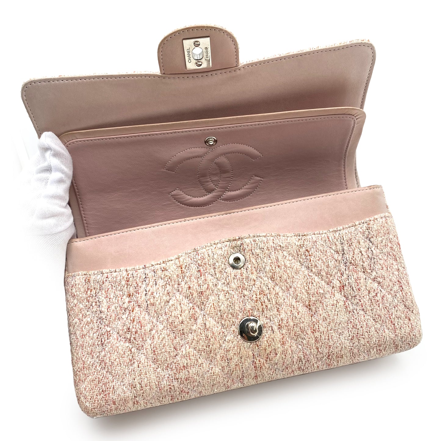 CHANEL VINTAGE CLASSIC FLAP MEDIUM CHAIN SHOULDER BAG PINK TWEED SHW 90235456