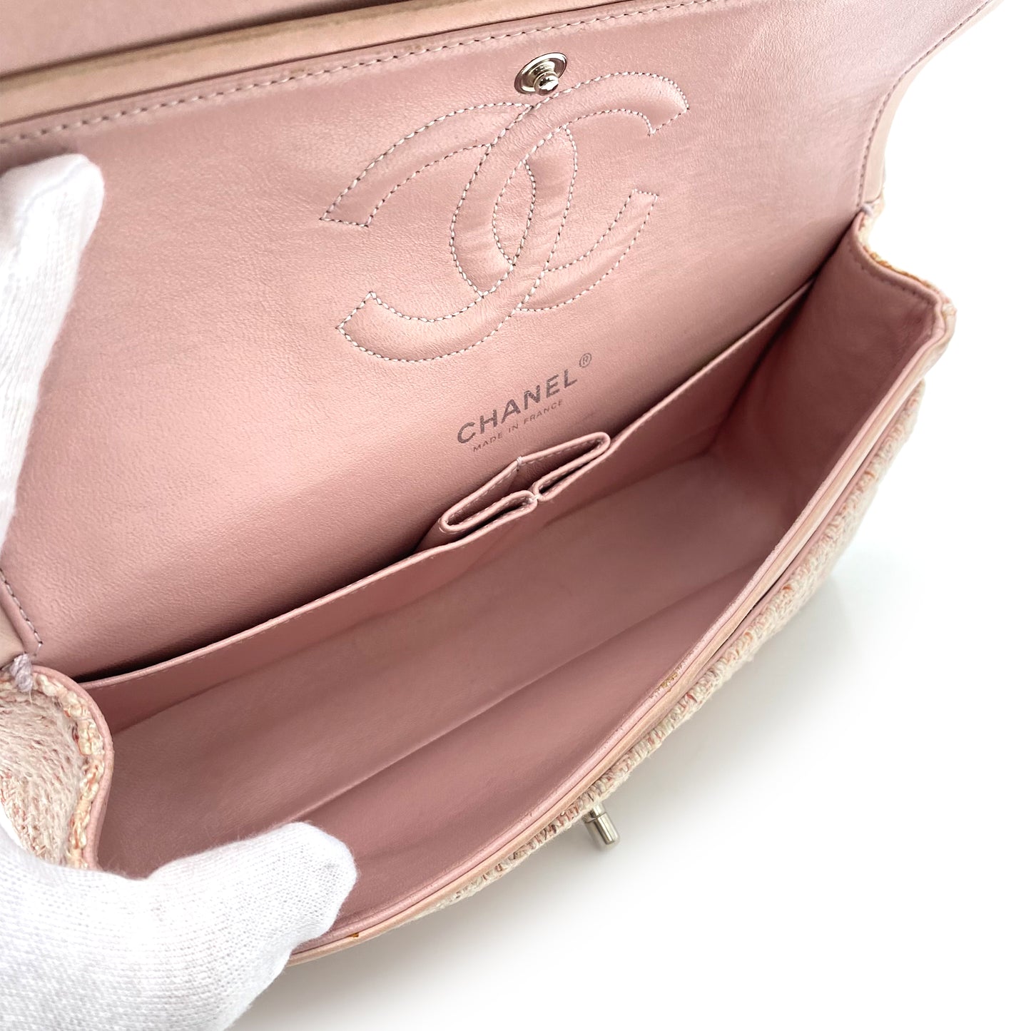 CHANEL VINTAGE CLASSIC FLAP MEDIUM CHAIN SHOULDER BAG PINK TWEED SHW 90235456