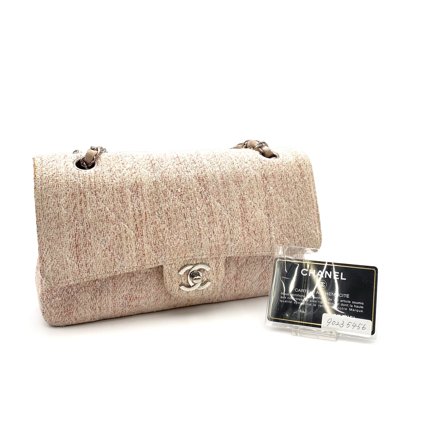 CHANEL VINTAGE CLASSIC FLAP MEDIUM CHAIN SHOULDER BAG PINK TWEED SHW 90235456