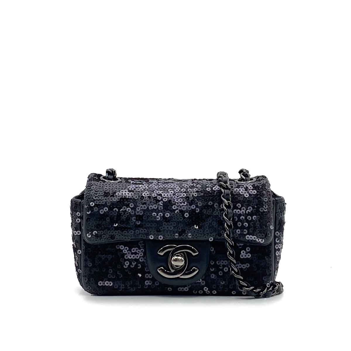CHANEL MINI CHAIN SHOULDER BAG BLACK SEQUINS LEATHER 90235890