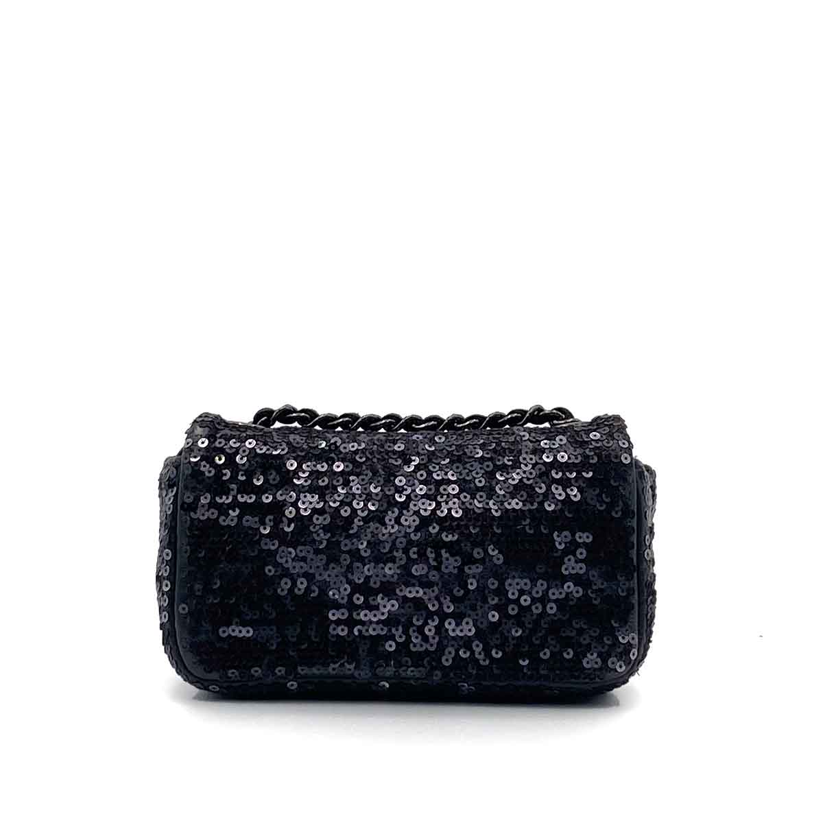 CHANEL MINI CHAIN SHOULDER BAG BLACK SEQUINS LEATHER 90235890