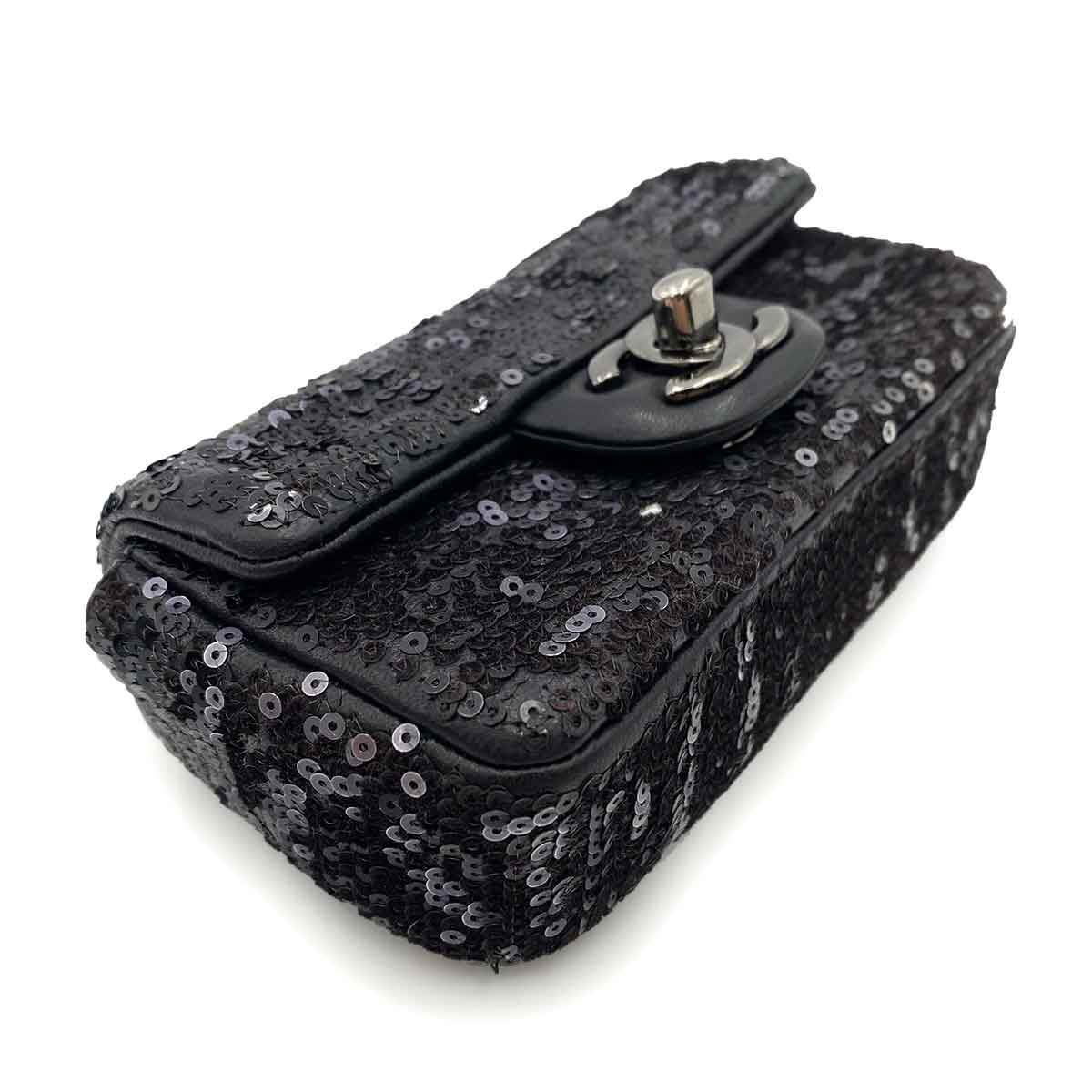 CHANEL MINI CHAIN SHOULDER BAG BLACK SEQUINS LEATHER 90235890