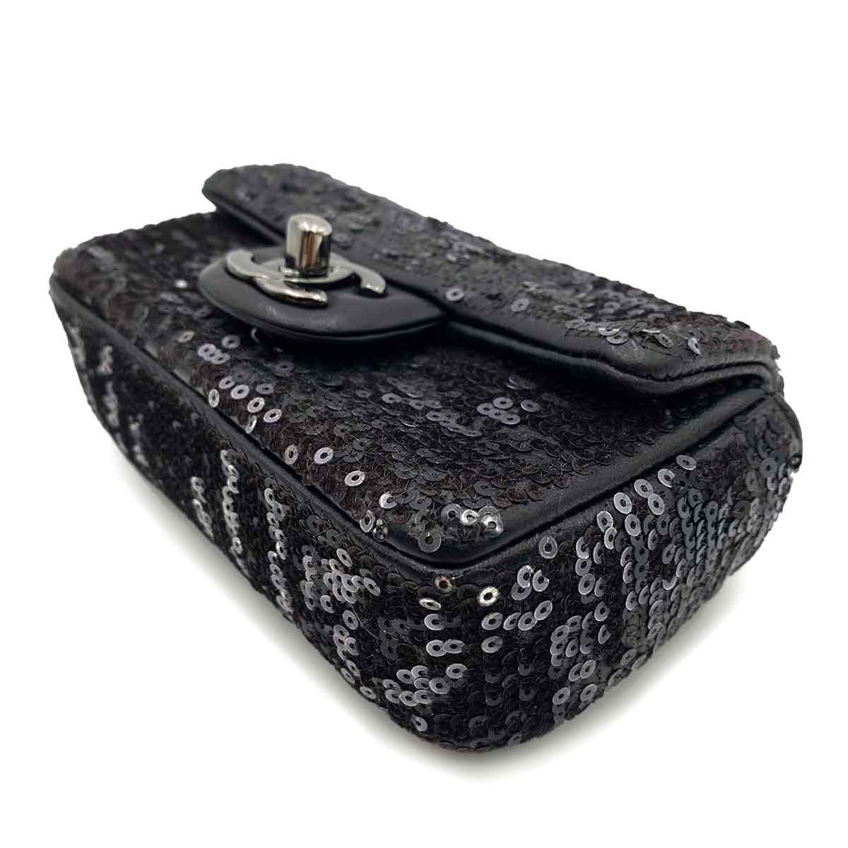 CHANEL MINI CHAIN SHOULDER BAG BLACK SEQUINS LEATHER 90235890