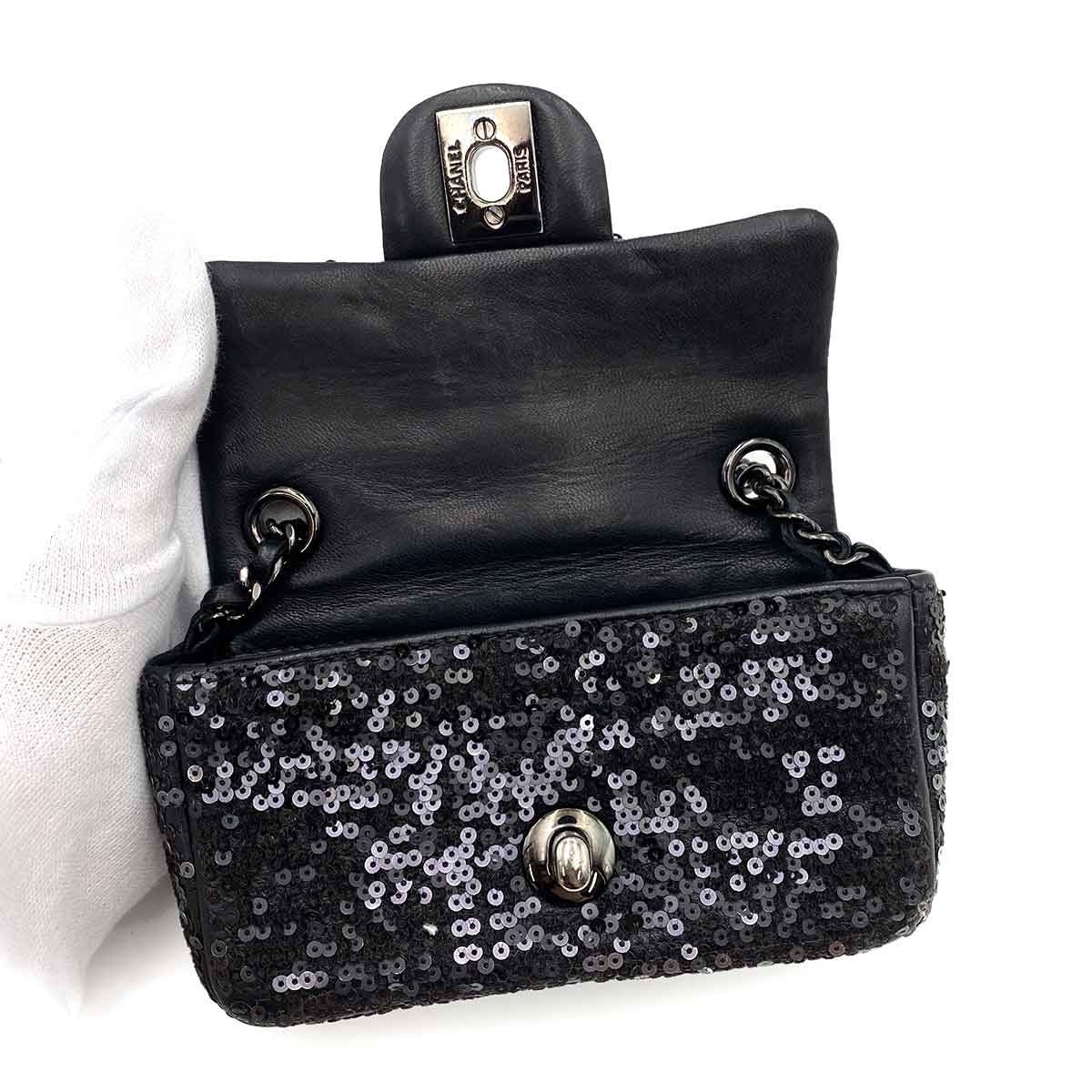 CHANEL MINI CHAIN SHOULDER BAG BLACK SEQUINS LEATHER 90235890
