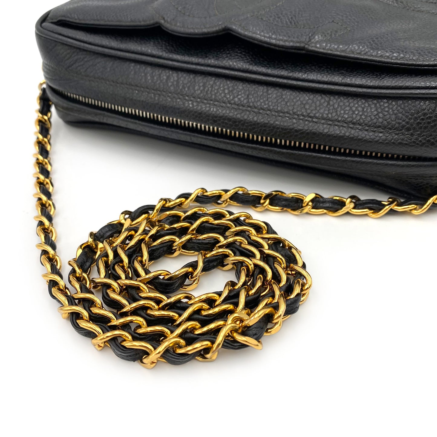 CHANEL VINTAGE TRIPLE COCOMARK CHAIN SHOULDER BAG BLACK CAVIAR SKIN 90235892