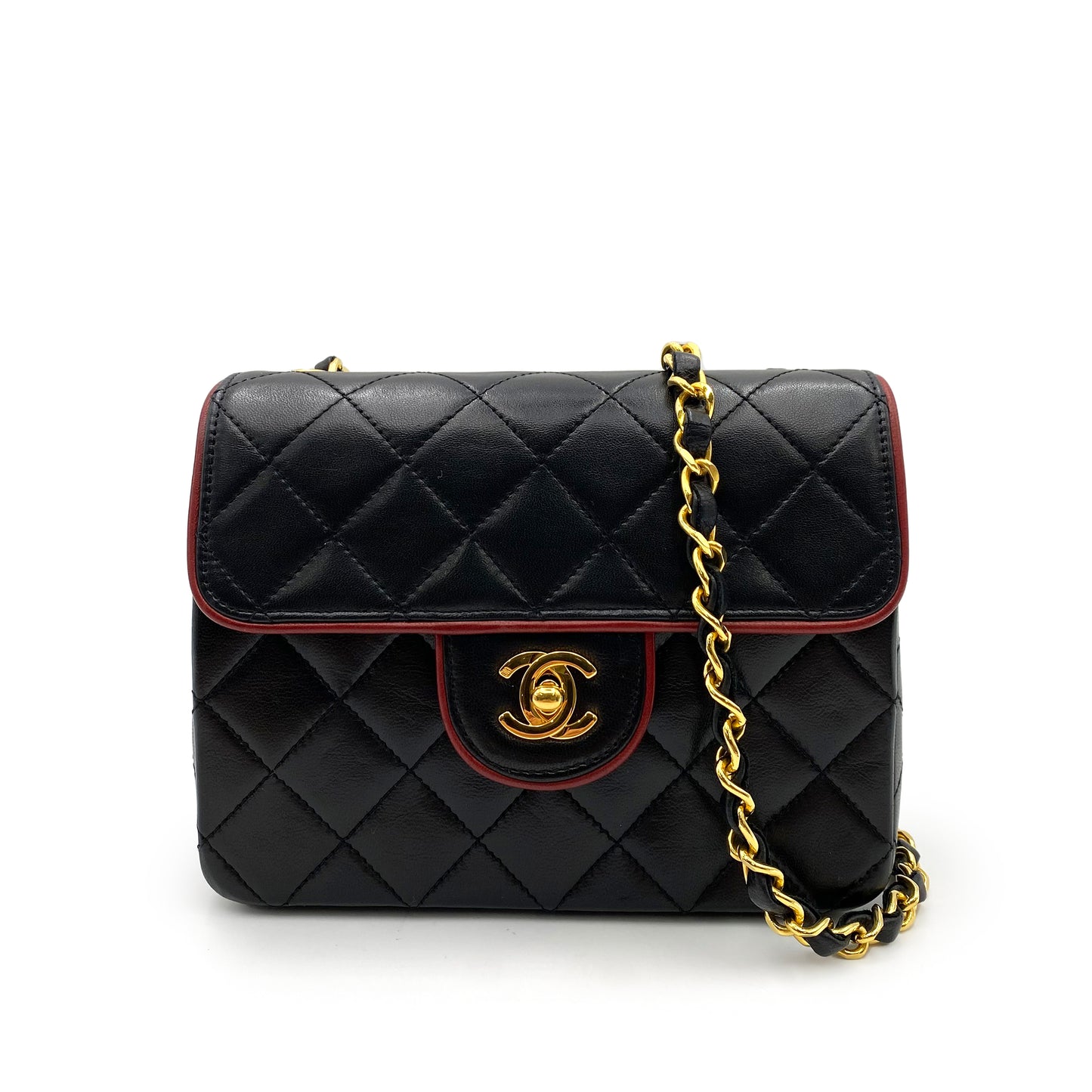CHANEL VINTAGE MINI SQUARE 17 CHAIN SHOULDER BAG BYCOLOR BLACK RED LAMB SKIN 90235981