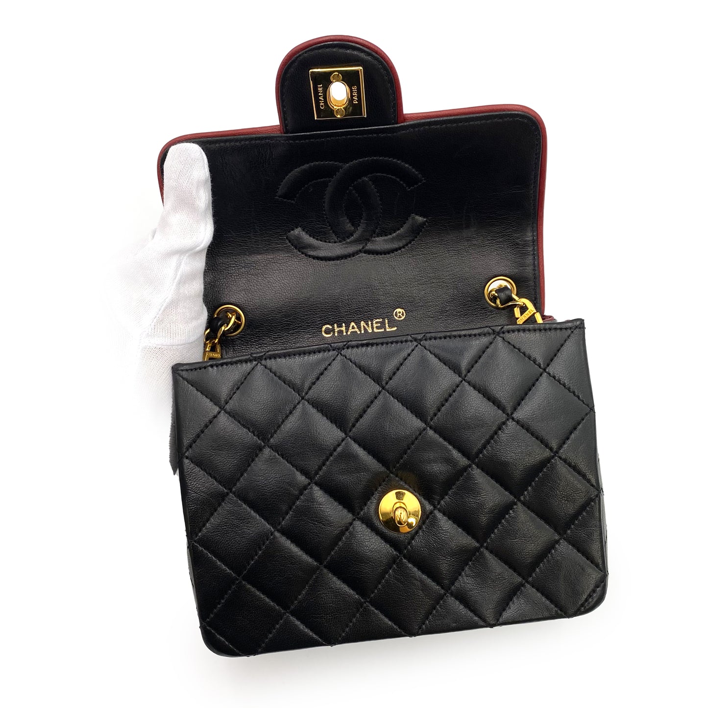 CHANEL VINTAGE MINI SQUARE 17 CHAIN SHOULDER BAG BYCOLOR BLACK RED LAMB SKIN 90235981