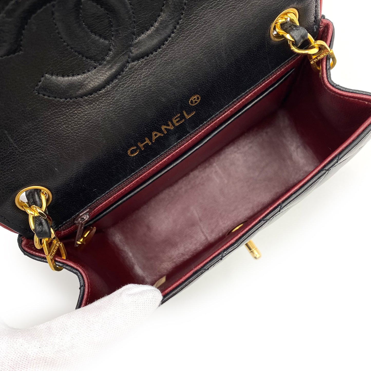 CHANEL VINTAGE MINI SQUARE 17 CHAIN SHOULDER BAG BYCOLOR BLACK RED LAMB SKIN 90235981