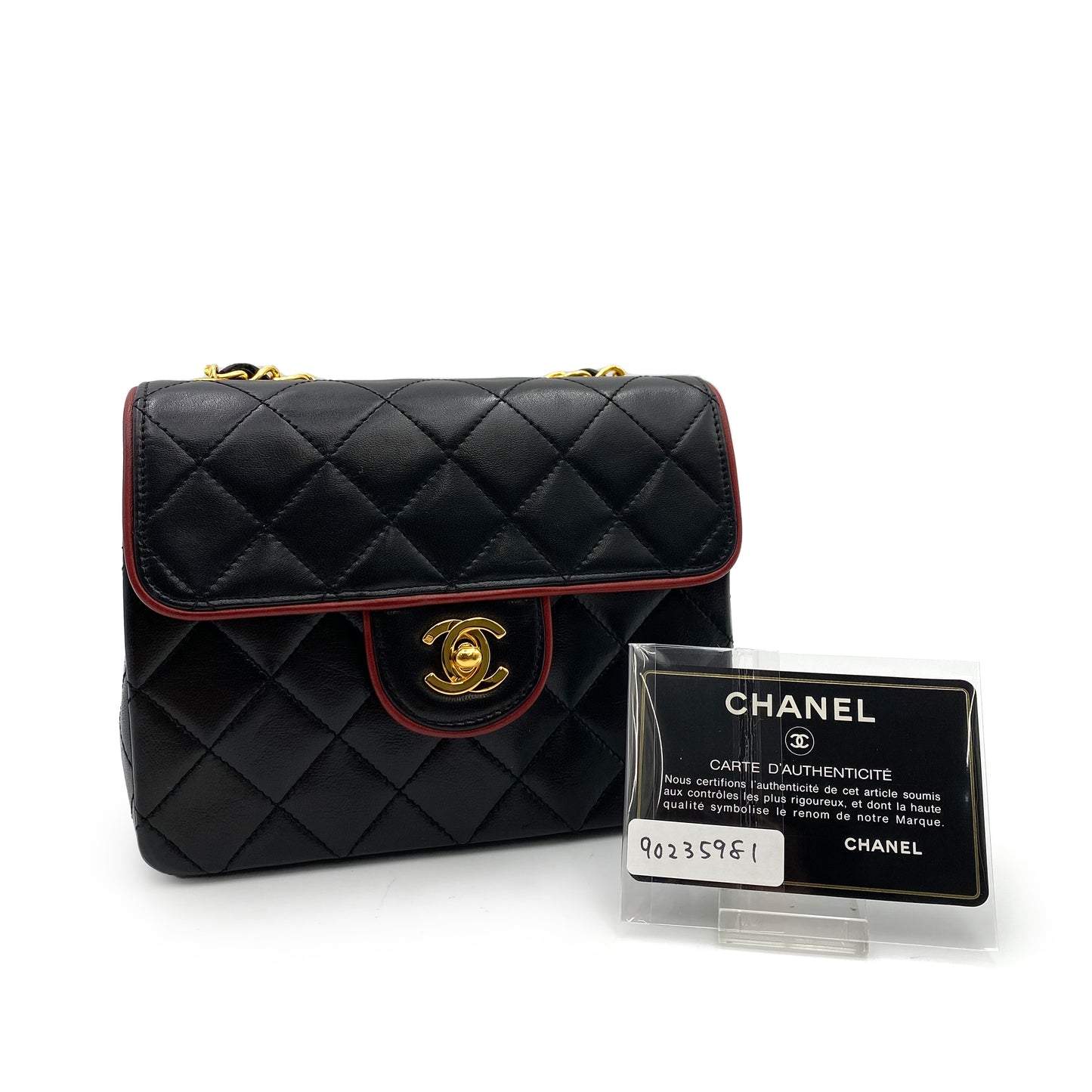 CHANEL VINTAGE MINI SQUARE 17 CHAIN SHOULDER BAG BYCOLOR BLACK RED LAMB SKIN 90235981