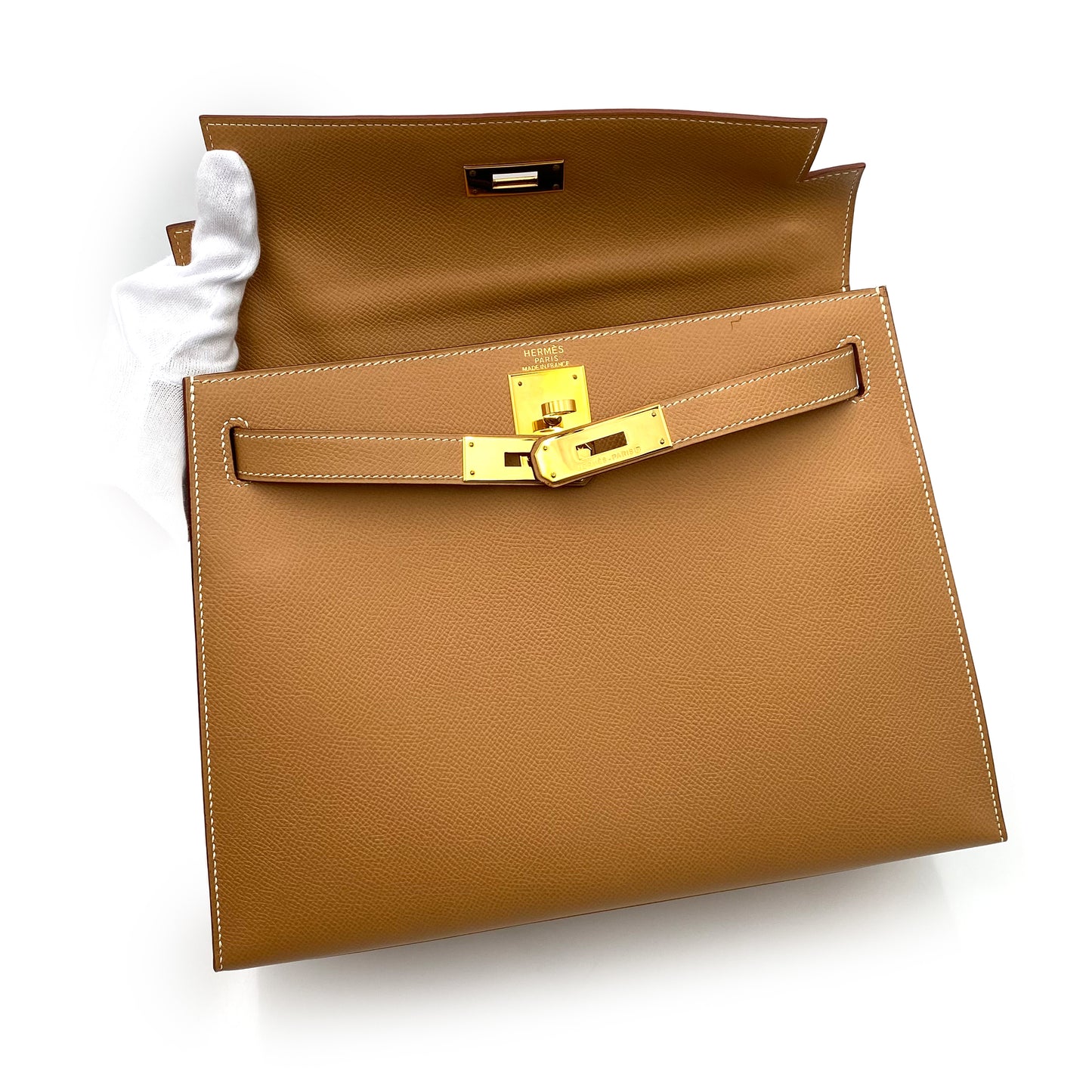 HERMES KELLY 28 SELLIER NATURAL COUCHEVEL HAND SHOULDER BAG □B 90236739