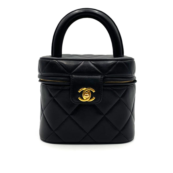 CHANEL VINTAGE VANITY HAND BAG BLACK LAMB SKIN 90237314