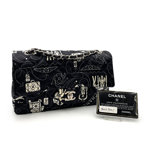 CHANEL AIRLINE CLASSIC FLAP MEDIUM CHAIN SHOULDER BAG BLACK WHITE SATIN 90237321