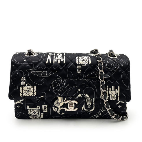 CHANEL AIRLINE CLASSIC FLAP MEDIUM CHAIN SHOULDER BAG BLACK WHITE SATIN 90237321