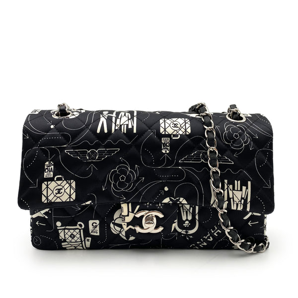 CHANEL AIRLINE CLASSIC FLAP MEDIUM CHAIN SHOULDER BAG BLACK WHITE SATIN 90237321