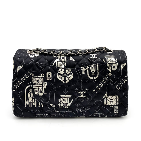 CHANEL AIRLINE CLASSIC FLAP MEDIUM CHAIN SHOULDER BAG BLACK WHITE SATIN 90237321